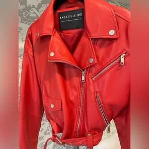 Red faux leather biker jacket.